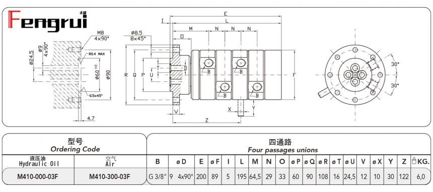 FRDTM410型四通路旋轉(zhuǎn)接頭圖紙及規(guī)格型號(hào)尺寸