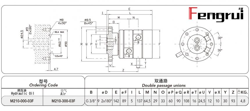FRDTM210型兩通路旋轉(zhuǎn)接頭圖紙及規(guī)格型號(hào)尺寸