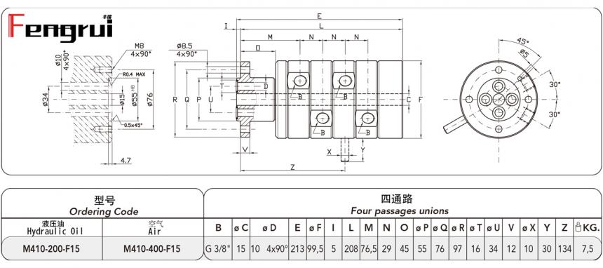 FRDTM410型四通路旋轉(zhuǎn)接頭圖紙及規(guī)格型號(hào)尺寸(帶直中心孔)